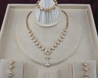 Gold Crystal Luxury Bridal Necklace Set, Statement Necklace & Earrings, Mother of the Bride