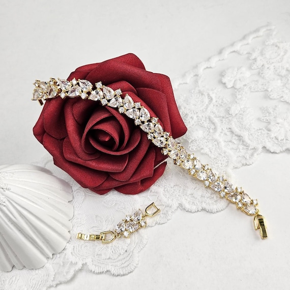 Gold Crystal Bracelet for Women, Gold Cubic Zirconia Wedding Bracelet
