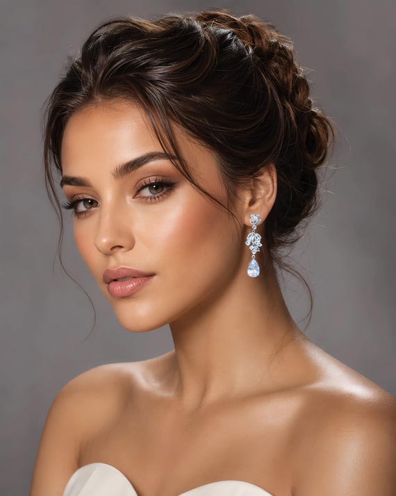 CZ Dangle Earrings * Wedding Jewelry * Bridal Drop in Silver or Gold * Pierced or Clip on • 2160