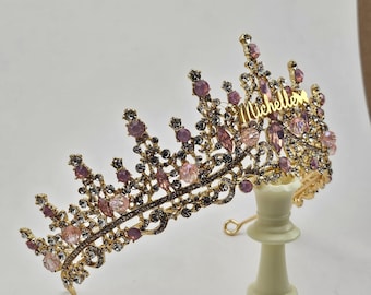Gold Blush Pink Bridal Tiara Pink Crystal Quinceanera Custom Tiara with Name , Light Pink Crown, Blush and Gold Crown, Gold Corona de 15 Ano