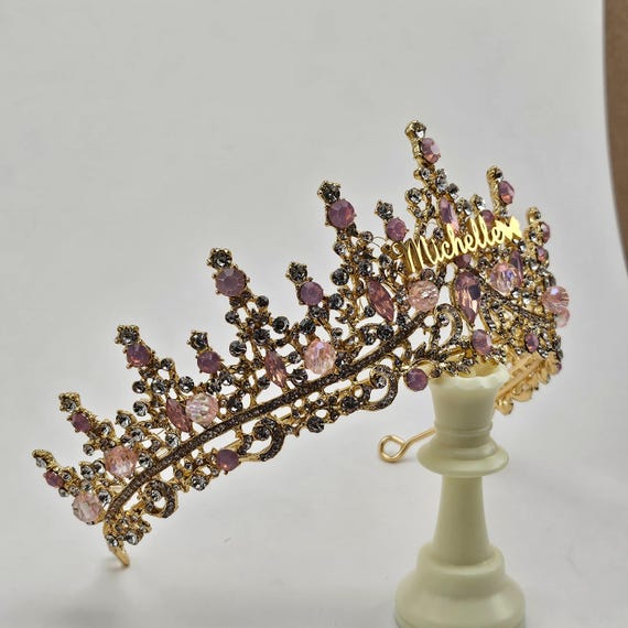 Custom Gold Quinceanera Tiara, Light Pink Crystals