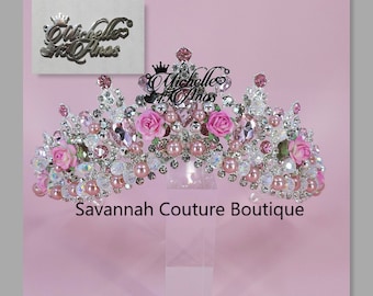 Light Pink Quinceanera Tiara, Custom Tiara with Name Pink & Silver Crown, Pink Coronas de 15 Anos, Quinceanera Crown Pink, Pink Bridal Tiara