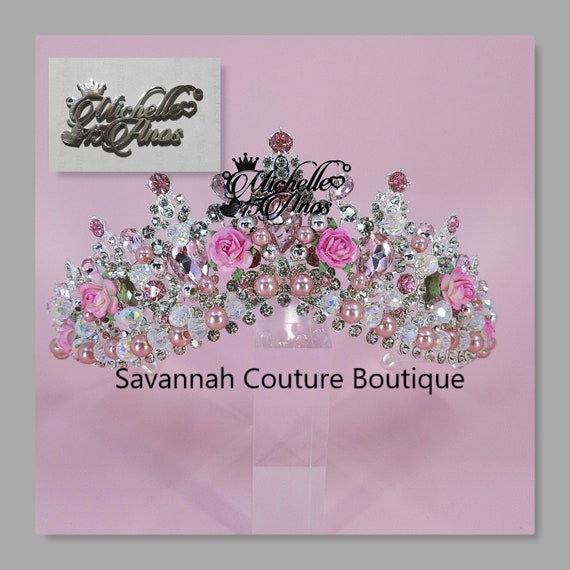 Custom Pink Quinceanera Tiara, Silver Crown with Nameplate