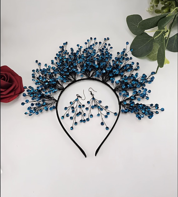Teal Headpiece Headband: Crystal Bridal Crown & Earrings
