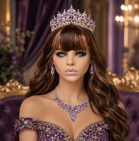 Regal Purple Bridal Tiara Quinceanera : Matching Purple Necklace, Earrings and Bracelet