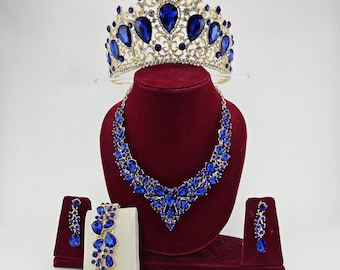 Blue Crystal Quinceanera Tiara: Custom Initial Gold & Blue Crown