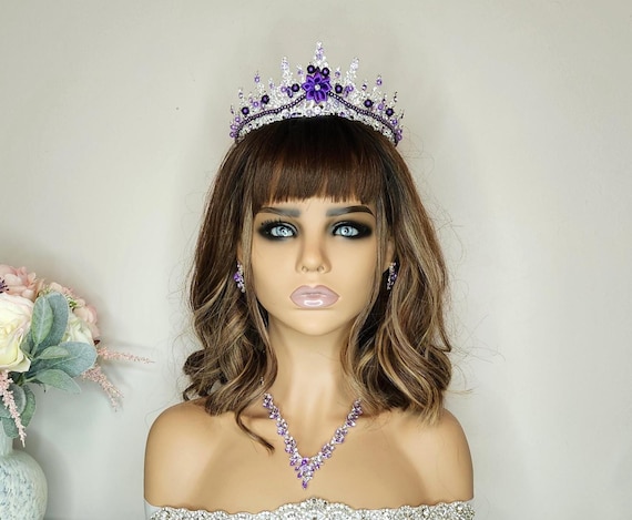 Silver Purple Tiara: Purple Crystal Crown, Necklace & Earrings Set