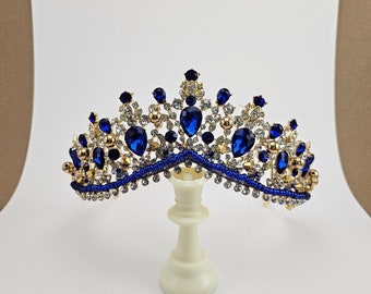 Gold Navy Blue Crystal Quinceanera Tiara, Wedding Crown