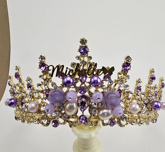 Purple Tiara, Gold Purple Quinceanera Crown, Name Tiara
