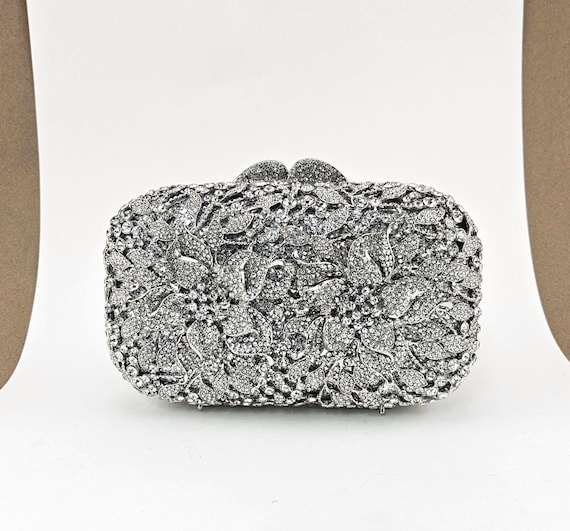 Silver Rhinestone Embellished Floral Garden Wedding Clutch, Statement Bag, Evening Wedding Clutch