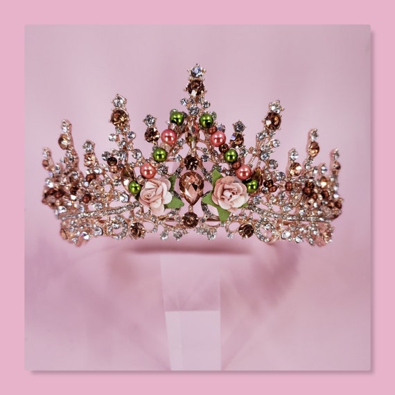 Rose Gold Quinceanera Tiara, Peach Crystal Bridal Crown
