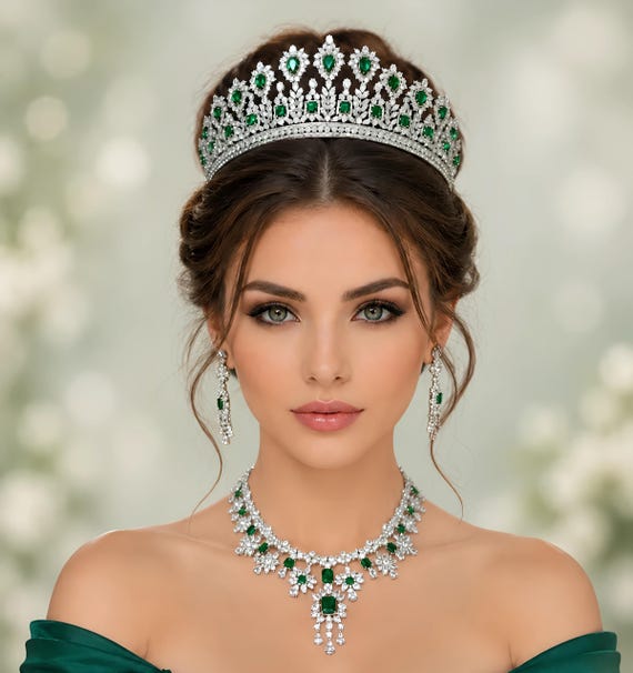 Silver Emerald Green Jewelry Set: Green Crystal Tiara, Necklace & Earrings