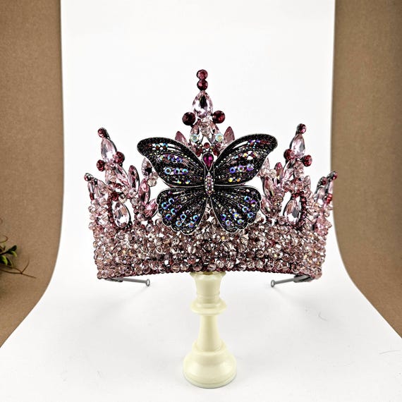 Pink Butterfly Quinceanera Crown, Bridal Tiara
