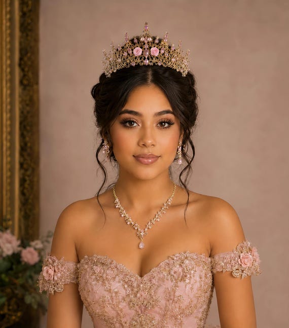 Pink Opal Gold Quinceanera Tiara: Crystal Bridal Crown