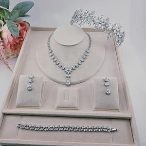 Swarovski Crystal Luxury Quinceanera Crown Set, Bridal Necklace Set, Bridal Jewelry Set, Statement Necklace & Earrings, Mother of the Bride