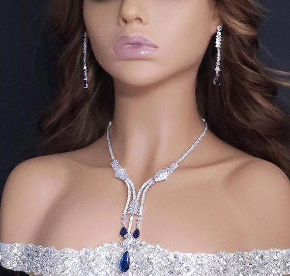 Swarovski Crystal Blue Teardrop Jewelry Set, Bridal Necklace Earrings, Quinceanera Tiara