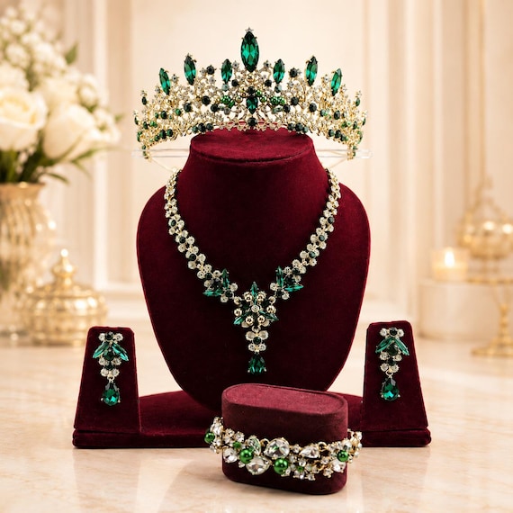 Emerald Green Bridal Jewelry Set: Tiara, Necklace & Earrings, Bracelet