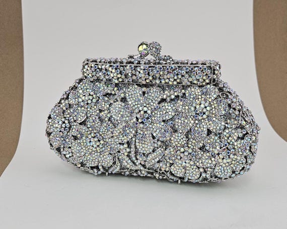 Silver Wedding Clutch Bag With AB Swarovski Crystals, Wedding Purse For Bride, Glamorous Handbag For Formal Event