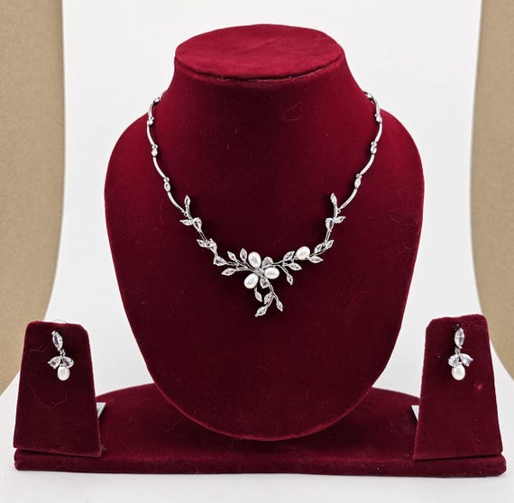 Crystal Vine Silver Leaves Pearl Necklace, Bridal Jewelry, Bridal Earrings And Necklace