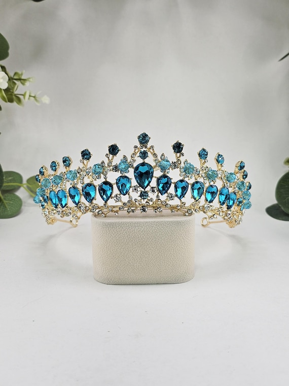 Teal Blue Crystal Quinceanera Tiara: Custom Gold Crown, Sweet 16, Birthday