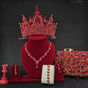 Red Bridal Tiara, Red Quinceanera Crown Necklace Earrings Bracelet, 5pc Red Crystal Gold Tiara Set, Corona de 15 Ano, Red Quinceanera Crown