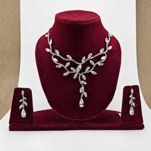 Swarovski Crystal Two Vine Leaves Necklace, Long Wedding Jewelry, Bridal Earrings And Necklace, Statement Earrings CZ Necklace Set