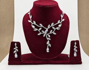 Swarovski Crystal Two Vine Leaves Necklace, Long Wedding Jewelry, Bridal Earrings And Necklace, Statement Earrings CZ Necklace Set