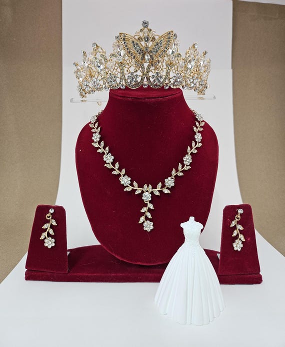 Gold Quinceanera Tiara Crown Necklace Earrings Set: Butterfly & Crystal