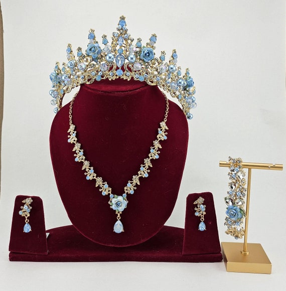 Blue Crystal Bridal Tiara Set, Gold Wedding Jewelry, Quinceanera Crown