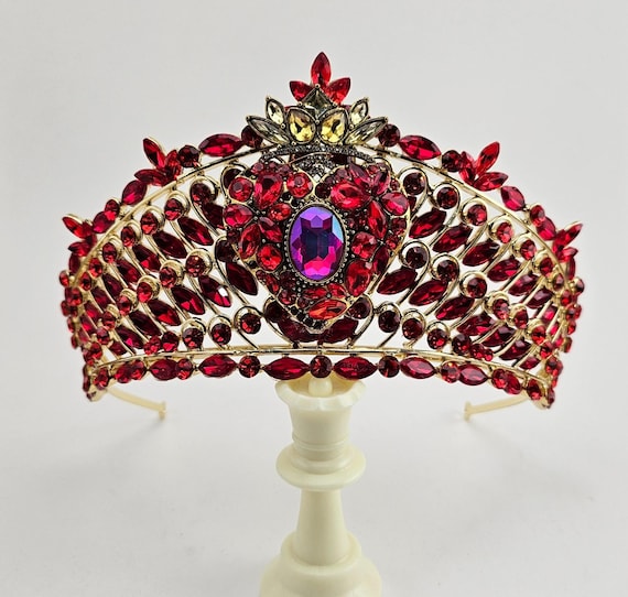 Red Crown Queen of Hearts Tiara, Gold Quinceañera Crown, Bridal Tiara, Red Heart Crown