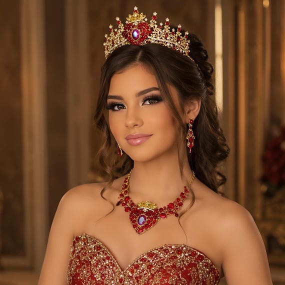 Custom Red Crystal Tiara Jewelry Set: Queen of Hearts Quinceanera Crown, Necklace, Earrings