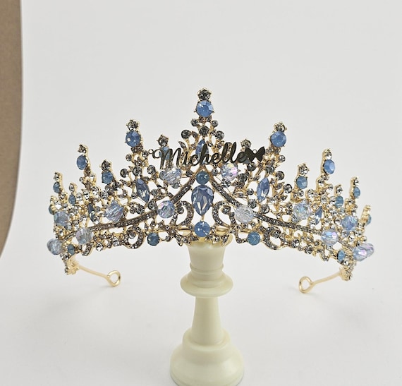 Personalized Gold Bridal Tiara: Blue Crystal Quinceanera Crown