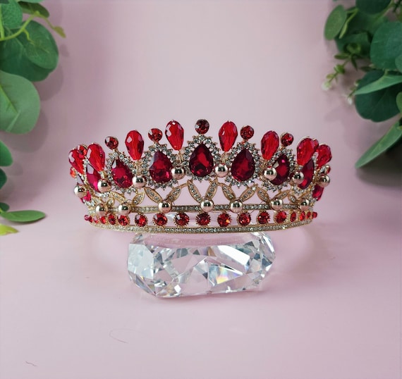 Red Crystal Tiara, Sweet 16, Quinceanera Gold Queen Crown,