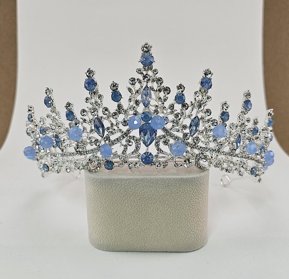 Blue Quinceanera Crown and Jewelry Set: Silver Crown, Necklace, Earrings