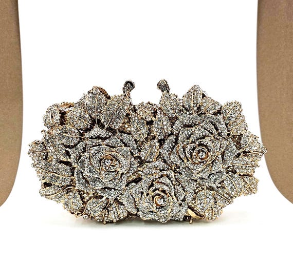 Gold Wedding Clutch Bag with Clear Rhinestone Crystals, Rose Garden Evening Purse for Bride,  Formal Events, Glamorous Wedding Accessory