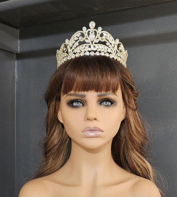 Gold Swarovski Crystal Quinceanera Crown, Bridal Wedding Headpiece