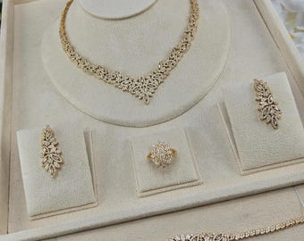 Luxury Gold Jewelry Set for Bride | Sparkling Zircon Necklace, Earrings & Bracelet | Wedding Accessories