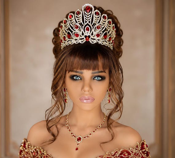 Red Quinceanera Tiara: Gold Zirconia Bridal Crown