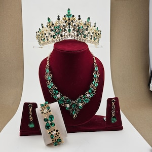 Emerald Green Crystal Bridal Jewelry Set: Tiara, Necklace, Earrings, Bracelet