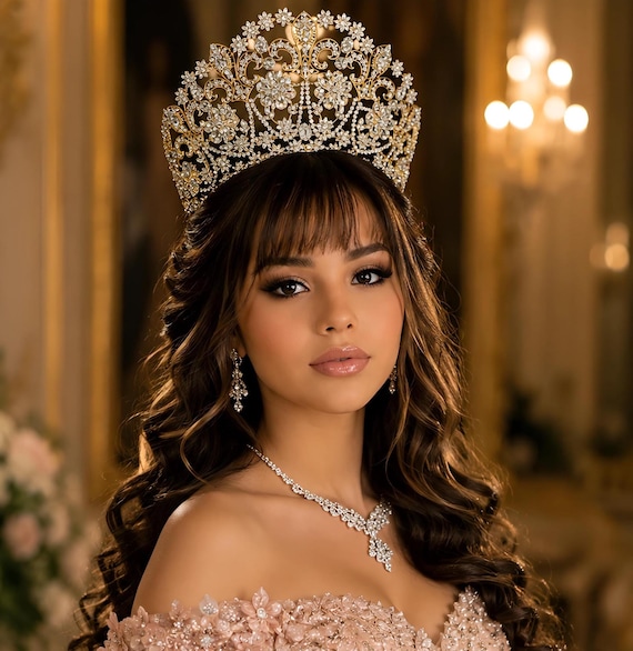 Gold Crystal Quinceanera Tiara, Royal Wedding Crown, 5.5" High