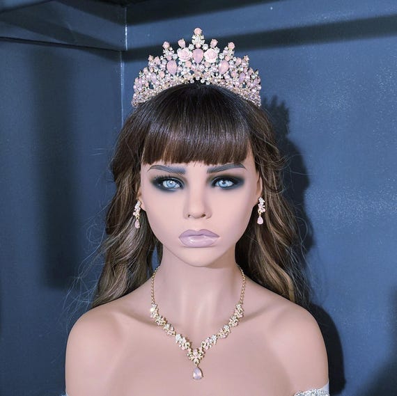 Blush Pink Baroque Crystal Bridal Tiara, Necklace and Earring Set