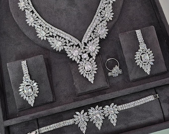 Swarovski Crystal Wedding Jewelry Set: Silver Bridal Necklace, Earrings, Bracelet, Ring