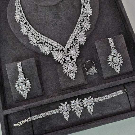 Swarovski Crystal Wedding Necklace Set: Silver Bridal Jewelry, Earrings, Bracelet, Ring