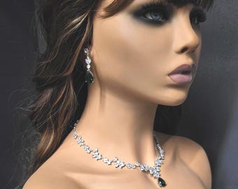 Green Crystal Luxury Wedding Necklace Set, Bridal Jewelry, Mother of the Bride