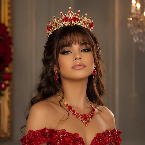 Red Crystal Rose Quinceanera Tiara, Necklace, Earrings Set