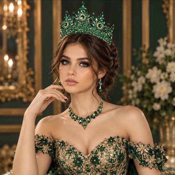 Emerald Green Royal Queen Crown: Green Jewelry Set, Quinceañera, Bridal Tiara