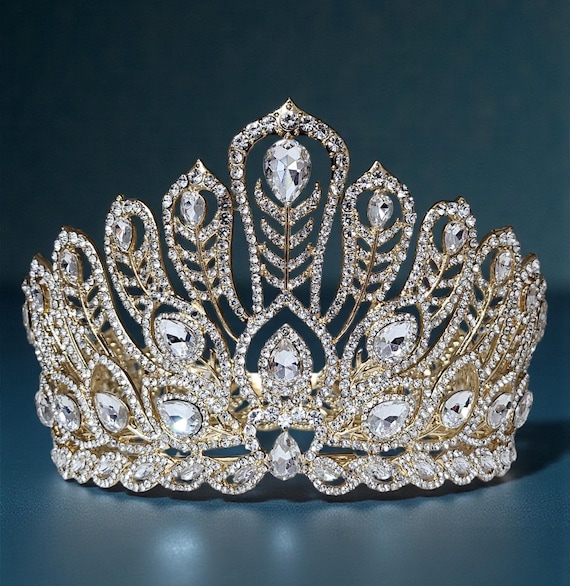 Gold Crystal Bridal Tiara, Peacock Feather Quinceanera Crown, Royal Headpiece