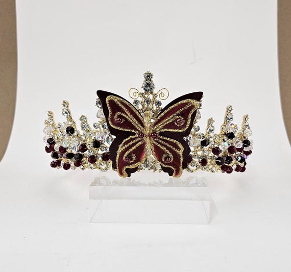 Elegant Burgundy & Gold Quinceañera Tiara Crown