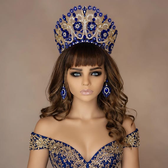 Large Gold and Blue Crystal Quinceanera Crown: Royal Wedding Tiara