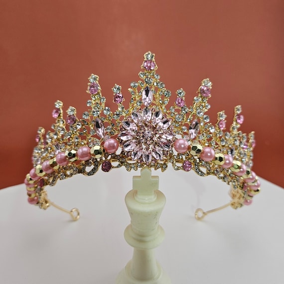Blush Pink Crystal Quinceanera Tiara, Gold Bridal Crown